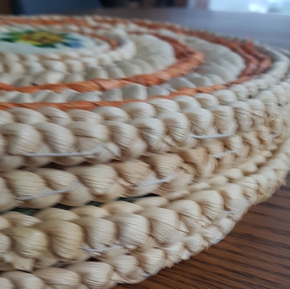 1980s Woven Rattan and Needlepoint Large Trivets - Picture 8 of 9